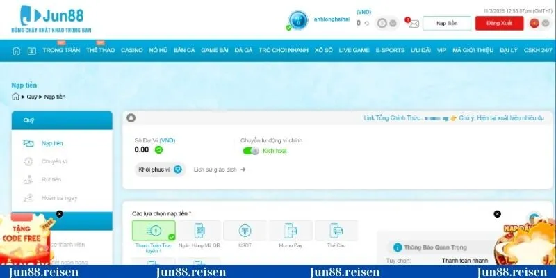 Hướng dẫn nạp tiền Jun88 thuận tiện qua nhiều kênh