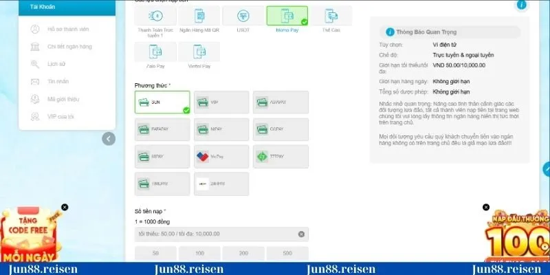 MoMo Pay là phương thức nạp được ưa chuộng tại Jun88