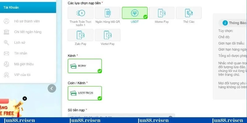 Nạp tiền Jun88 qua USDT cực kỳ đơn giản