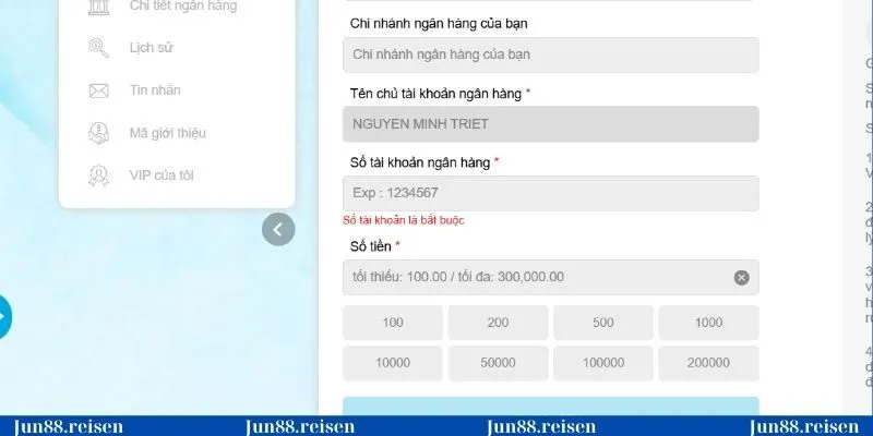 Tạo lệnh rút tiền theo biểu mẫu do Jun88 cung cấp
